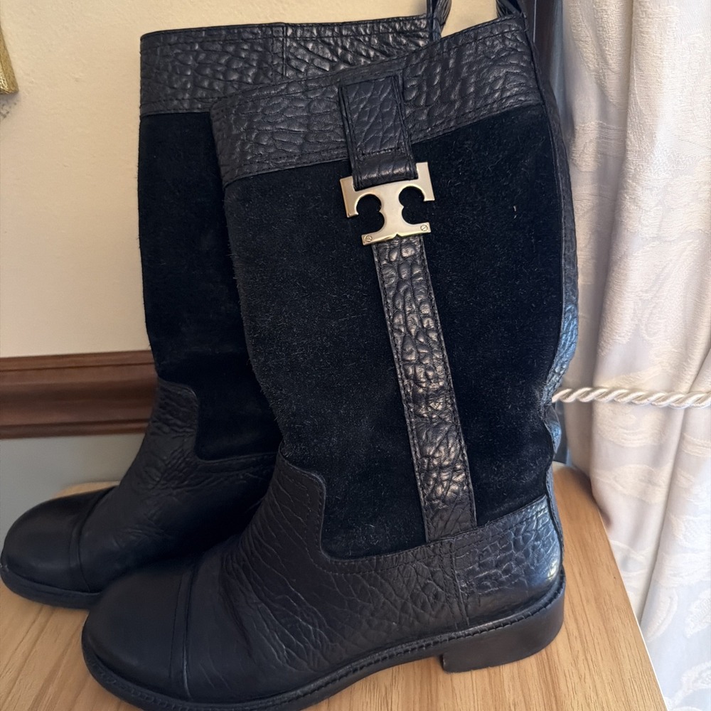 Tory Burch Black Leather Suede Mid Calf Riding Boots Logo Women 7 Round Toe 7M
